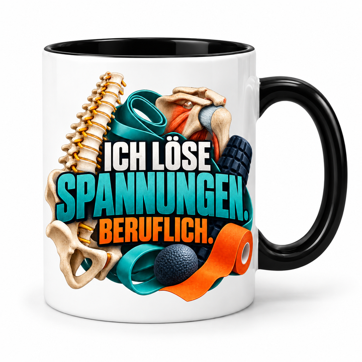 Physiotherapeut-Tasse „Ich löse Spannungen“ mit Praxis-Motiv – Schwarz