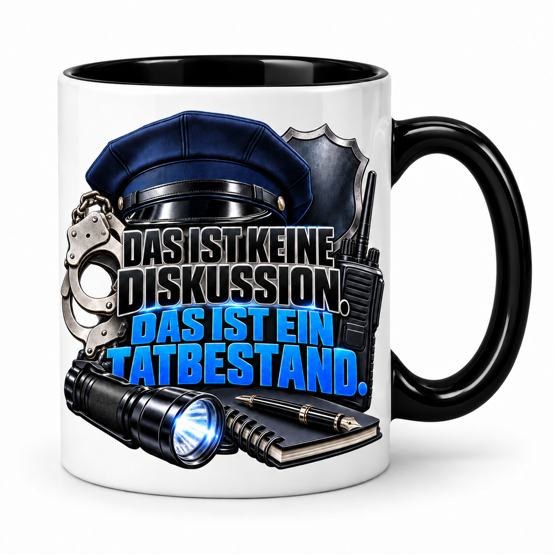 Polizei-Tasse mit Tatbestand-Spruch – Schwarz