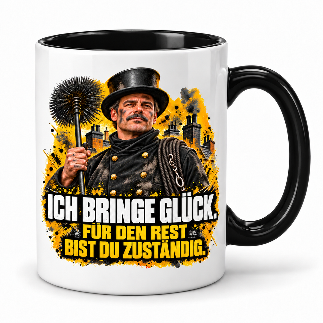 PEPAM Schornsteinfeger-Tasse „Ich bringe Glück“ – Schwarz, weißer Korpus mit großzügigem Berufsmotiv