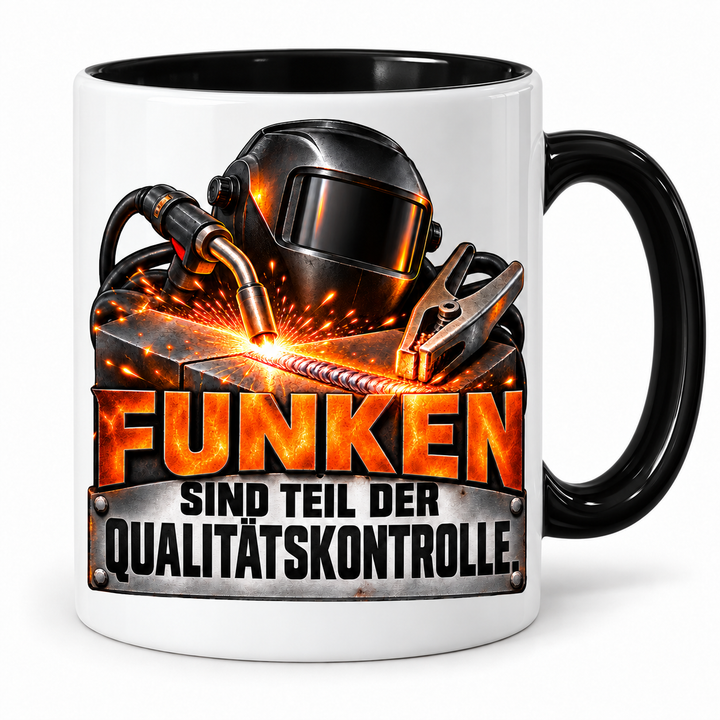 Schweißer-Tasse Funken sind Teil der Qualitätskontrolle in Schwarz