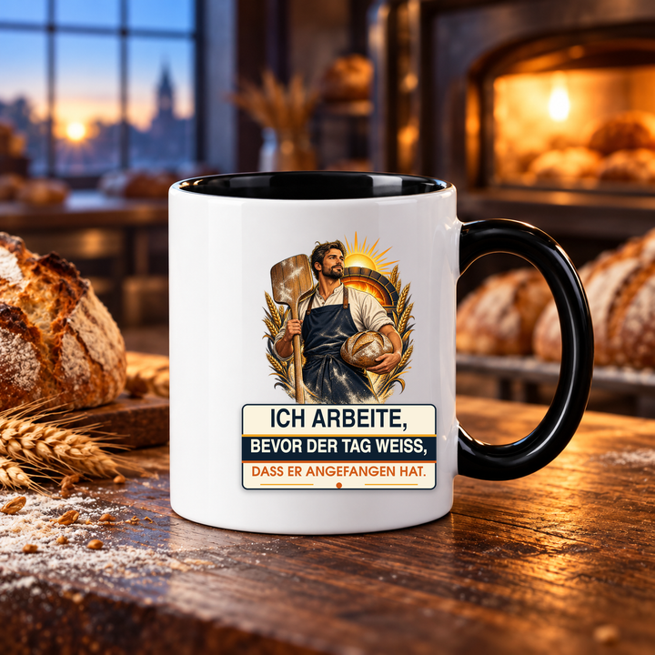 Bäcker-Tasse mit Spruch in einer Backstube