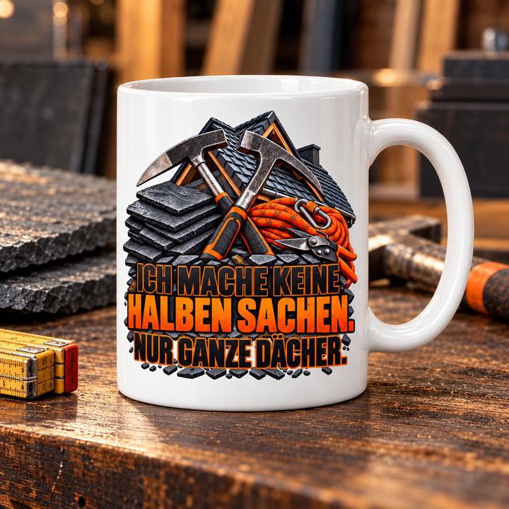 Dachdecker-Tasse als Geschenk in der Werkstatt