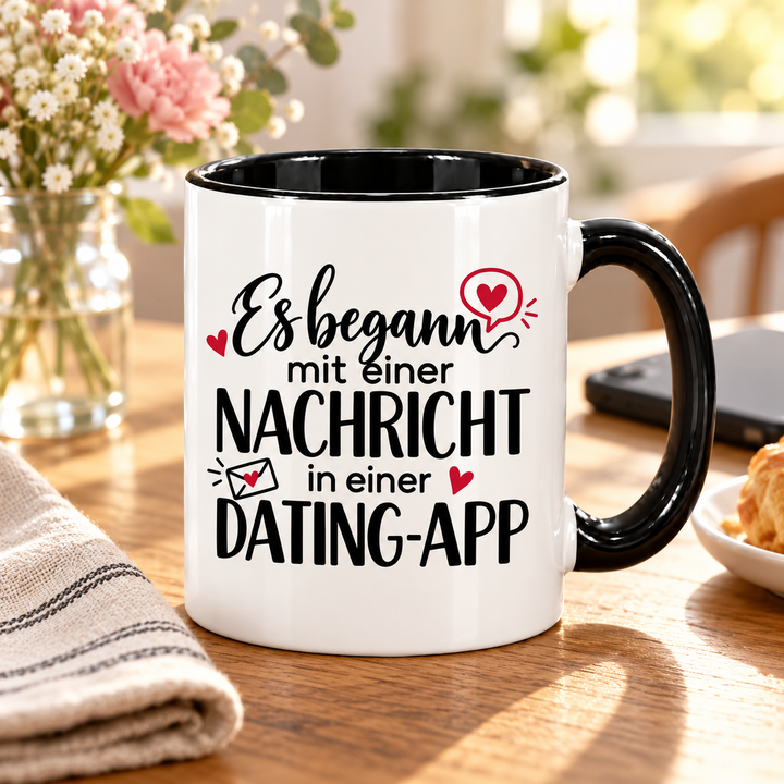Dating-App-Tasse als romantisches Geschenk auf dem Frühstückstisch
