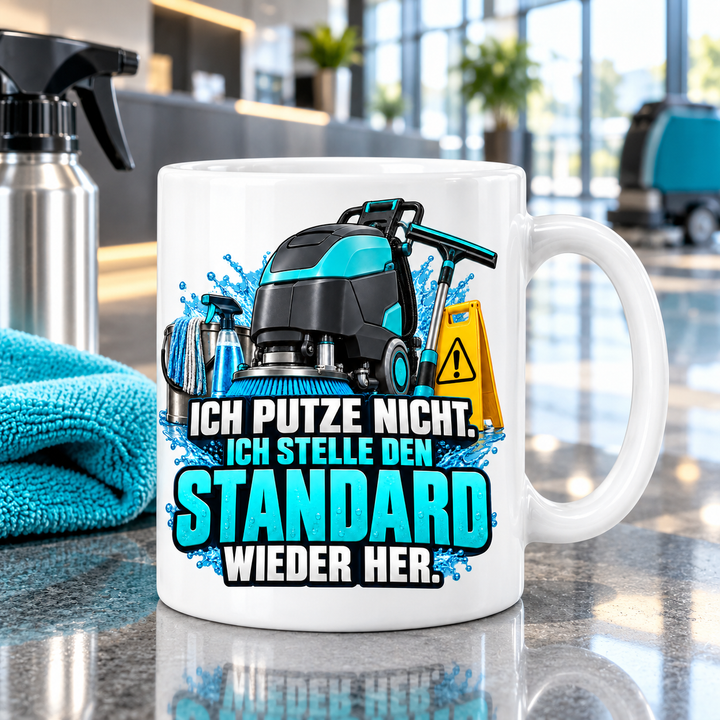 Gebäudereiniger-Tasse als Geschenk im professionellen Reinigungsumfeld