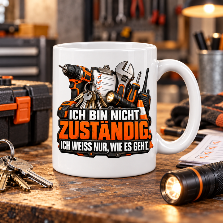 Hausmeister-Tasse als Geschenk im Werkstatt-Ambiente