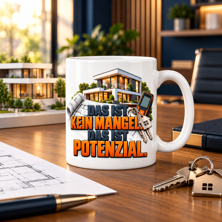 Immobilienmakler-Tasse im modernen Immobilienbüro