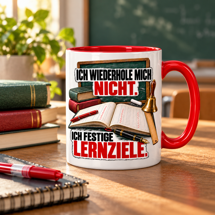 Lehrer-Tasse mit rotem Henkel und Lernziel-Motiv auf einem Schreibtisch