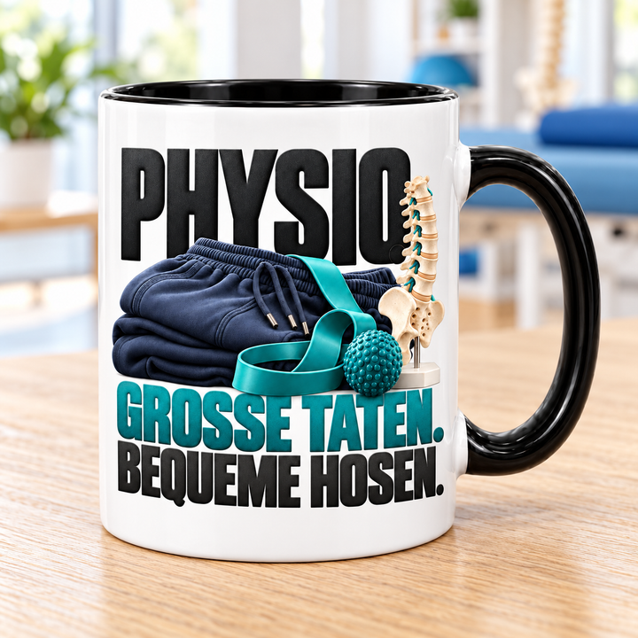Physio-Tasse Große Taten. Bequeme Hosen. im Praxisalltag