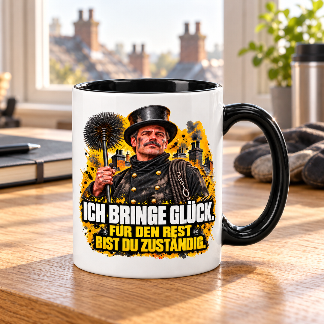 Schornsteinfeger-Tasse mit schwarzem Henkel in einer hellen Pausenecke