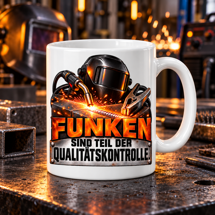 Schweißer-Tasse im professionellen Werkstatt-Ambiente