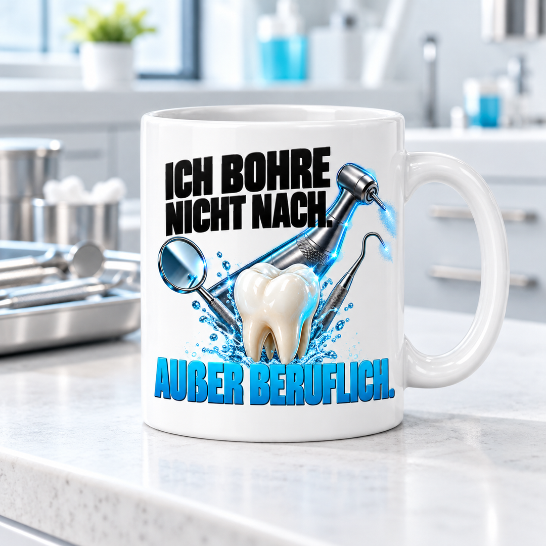 Zahnarzt-Tasse als Geschenk in moderner Zahnarztpraxis