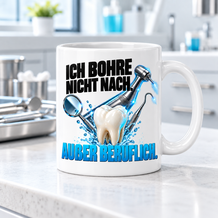 Zahnarzt-Tasse als Geschenk in moderner Zahnarztpraxis
