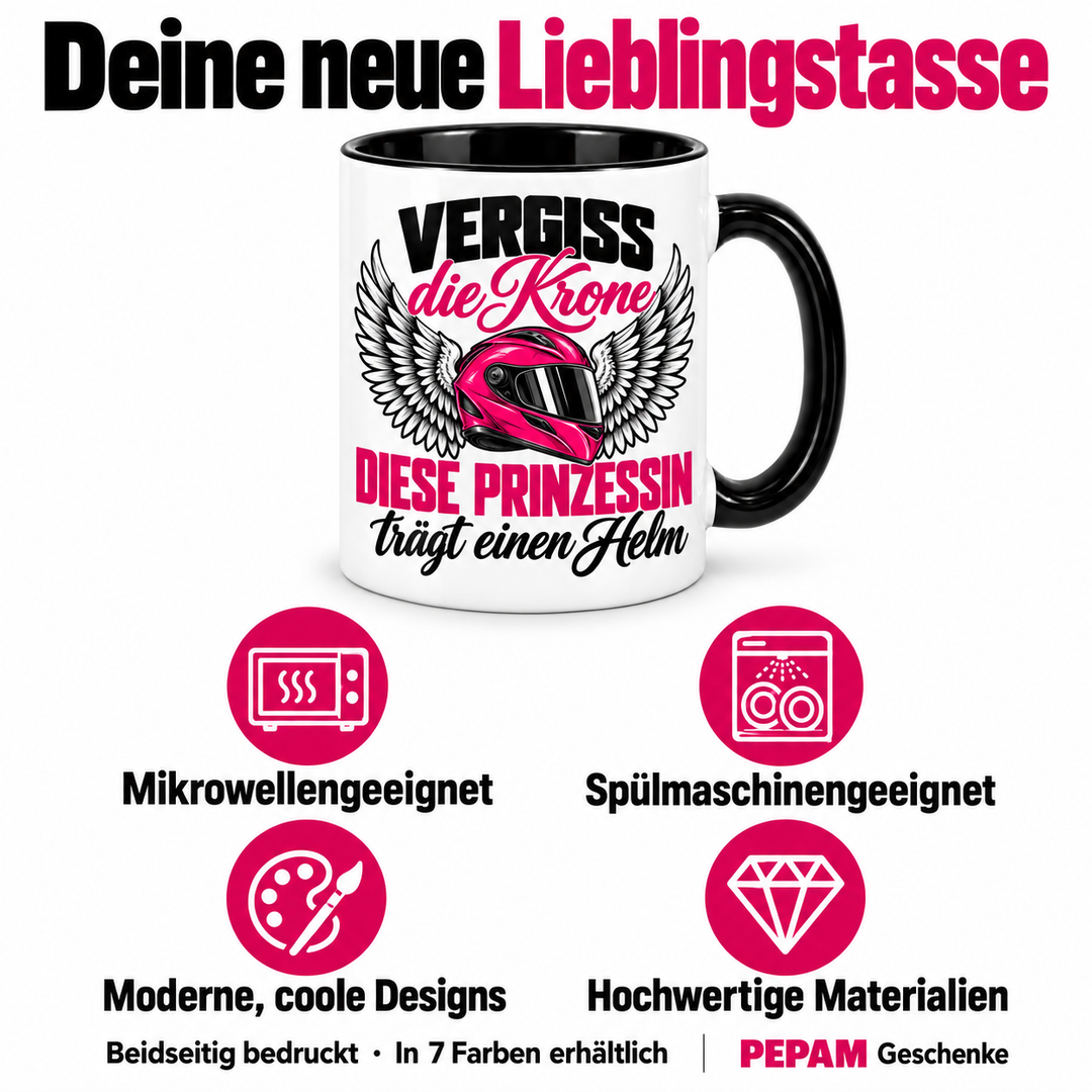 Bikerin-Tasse Prinzessin mit Helm – Infografik