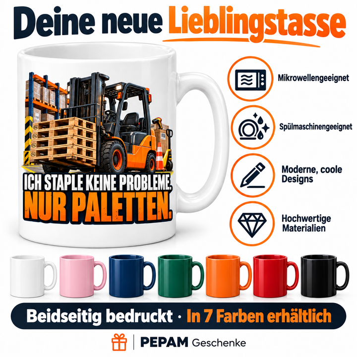 PEPAM Gabelstaplerfahrer-Tasse – Vorteile und Farben