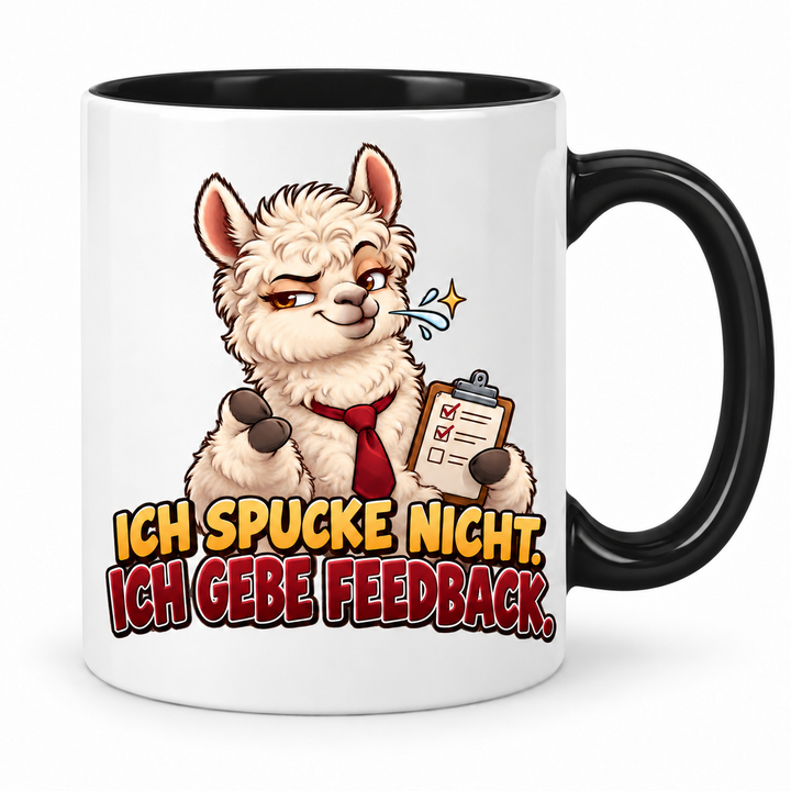 Lustige Alpaka-Tasse – Ich gebe Feedback – Schwarz