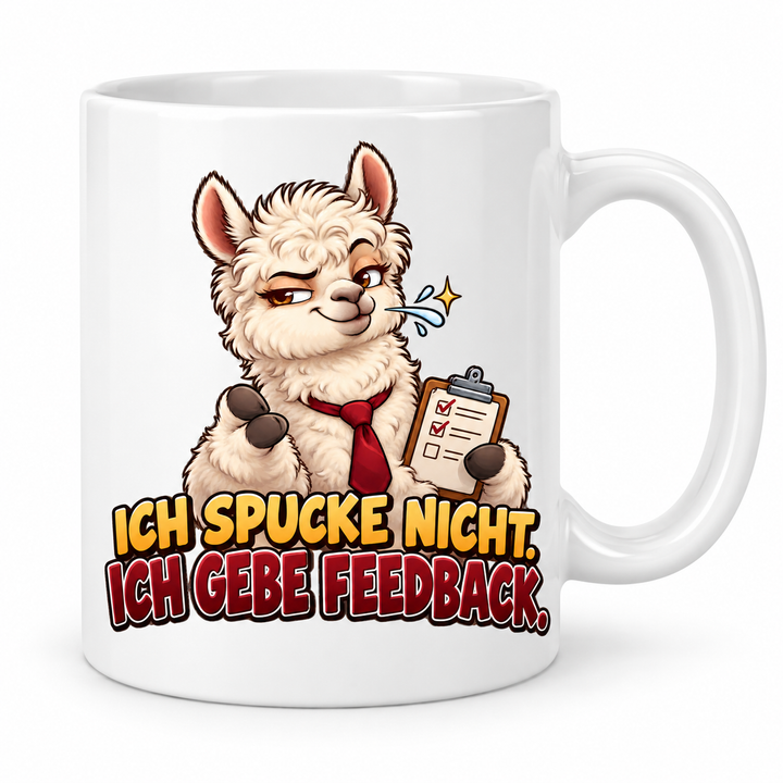 Lustige Alpaka-Tasse – Ich gebe Feedback – Weiß