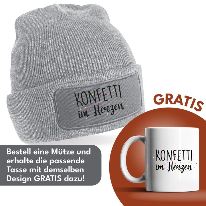 Konfetti im Herzen Mütze – Beanie mit Spruch | Geschenk für fröhliche Menschen & Freigeister