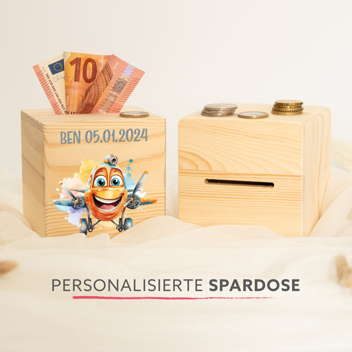 Personalisierte Spardose „Flugzeug“ aus Holz – mit Namen – Geschenk für kleine Piloten