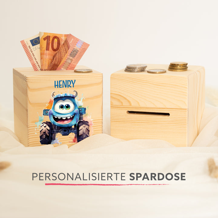 Personalisierte Spardose „Monstertruck“ aus Holz – mit Namensdruck – Geschenk für Kinder