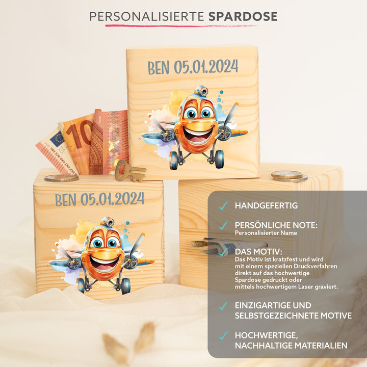Personalisierte Spardose „Flugzeug“ aus Holz – mit Namen – Geschenk für kleine Piloten