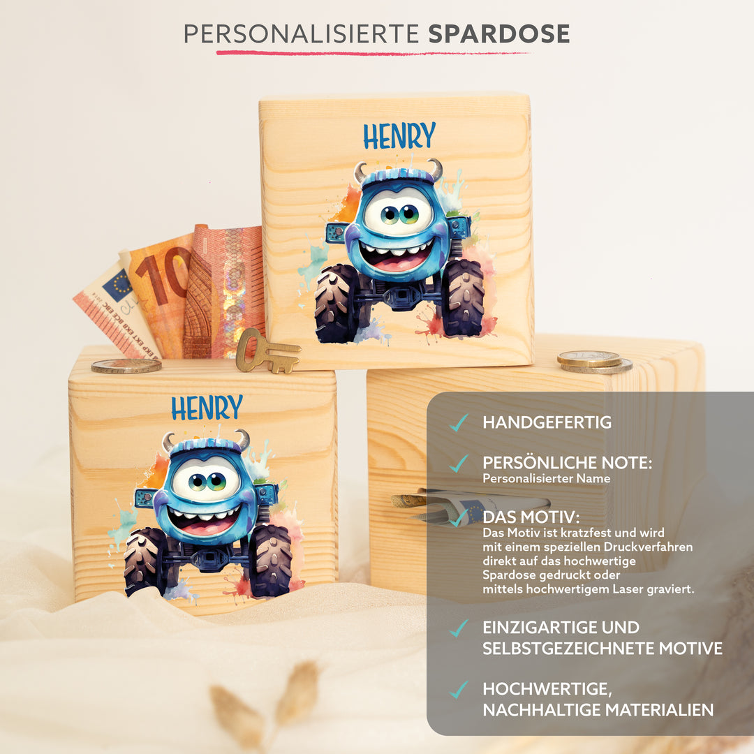 Personalisierte Spardose „Monstertruck“ aus Holz – mit Namensdruck – Geschenk für Kinder