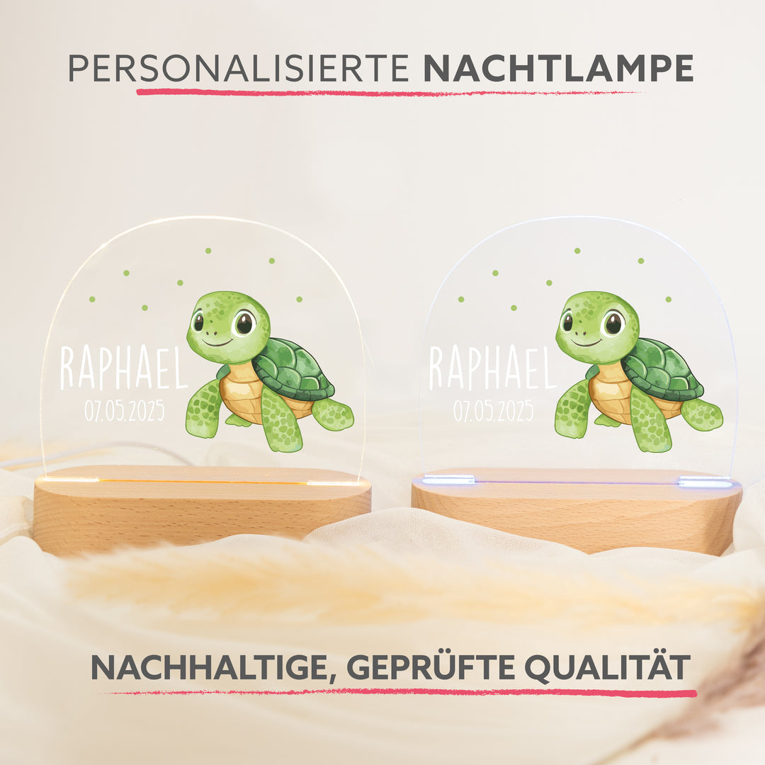 Personalisierte LED-Nachtlampe – Schildkröte mit Name | Kinderzimmerlampe mit 3 Sockeloptionen