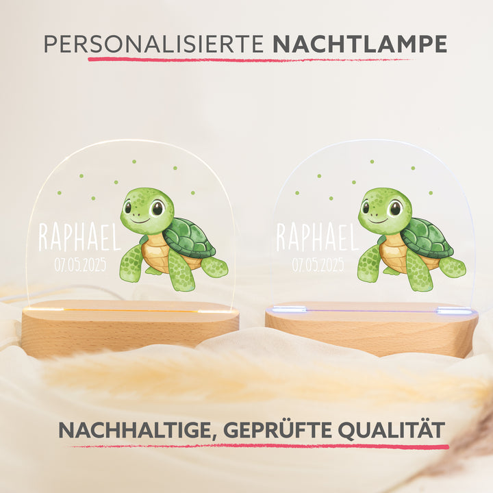 Personalisierte LED-Nachtlampe – Schildkröte mit Name | Kinderzimmerlampe mit 3 Sockeloptionen