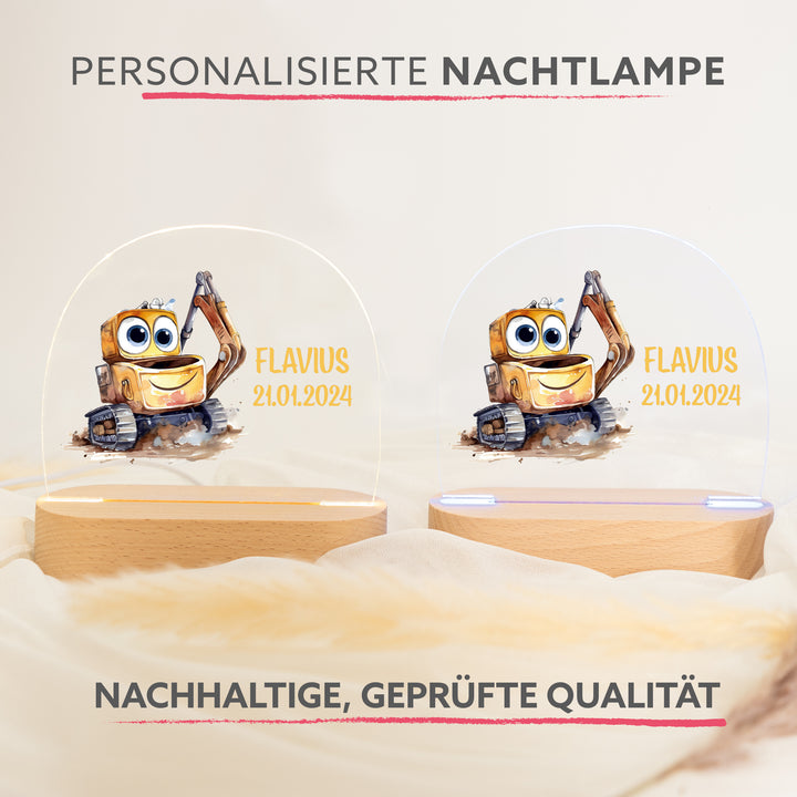 Personalisierte LED-Nachtlampe – Bagger mit Name (Motiv 2)