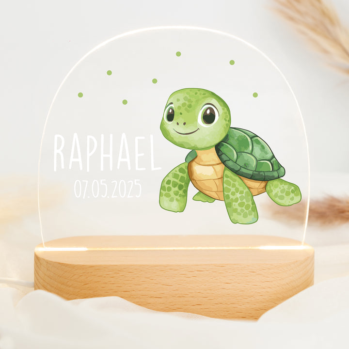 Personalisierte LED-Nachtlampe – Schildkröte mit Name | Kinderzimmerlampe mit 3 Sockeloptionen