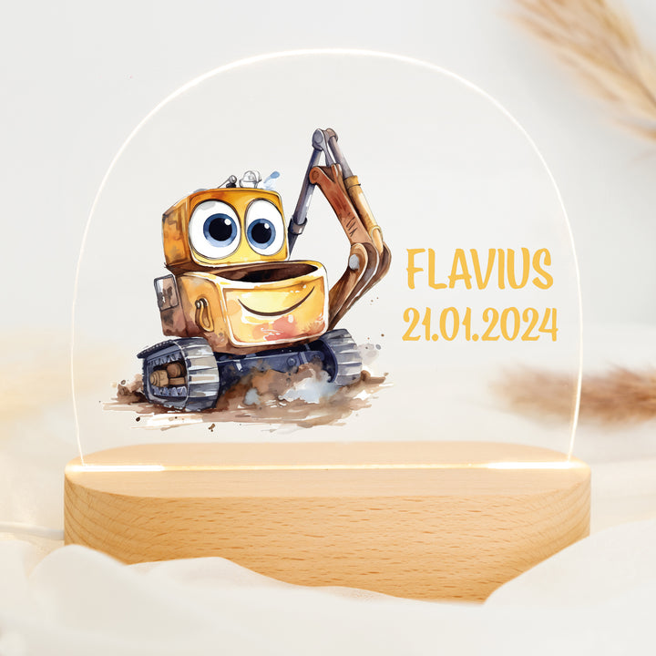 Personalisierte LED-Nachtlampe – Bagger mit Name (Motiv 2)