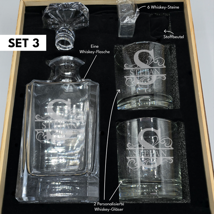 Personalisierte Whiskey Geschenkbox mit Gravur – Geschenkset mit Glas & Steinen – Individuell mit Namen – Perfektes Weihnachtsgeschenk für Männer