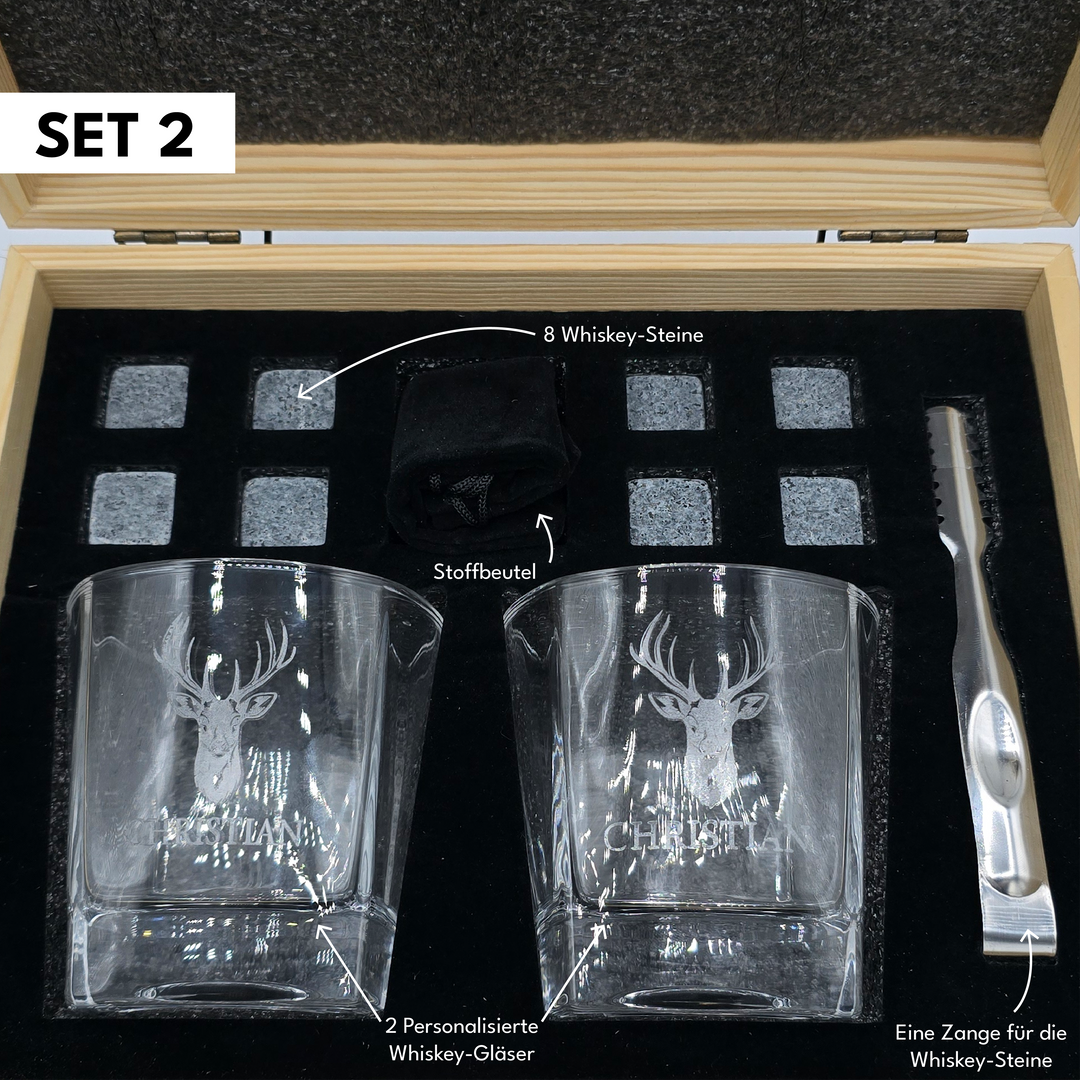 Personalisierte Whiskey Geschenkbox mit Gravur – Geschenkset mit Glas & Steinen – Individuell mit Namen – Perfektes Weihnachtsgeschenk für Männer
