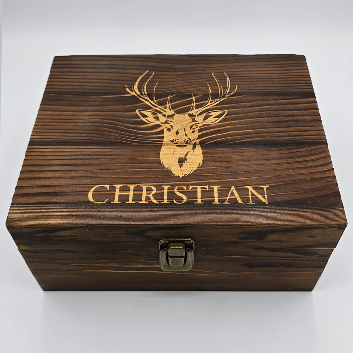 Personalisierte Whiskey Geschenkbox mit Gravur – Geschenkset mit Glas & Steinen – Individuell mit Namen – Perfektes Weihnachtsgeschenk für Männer