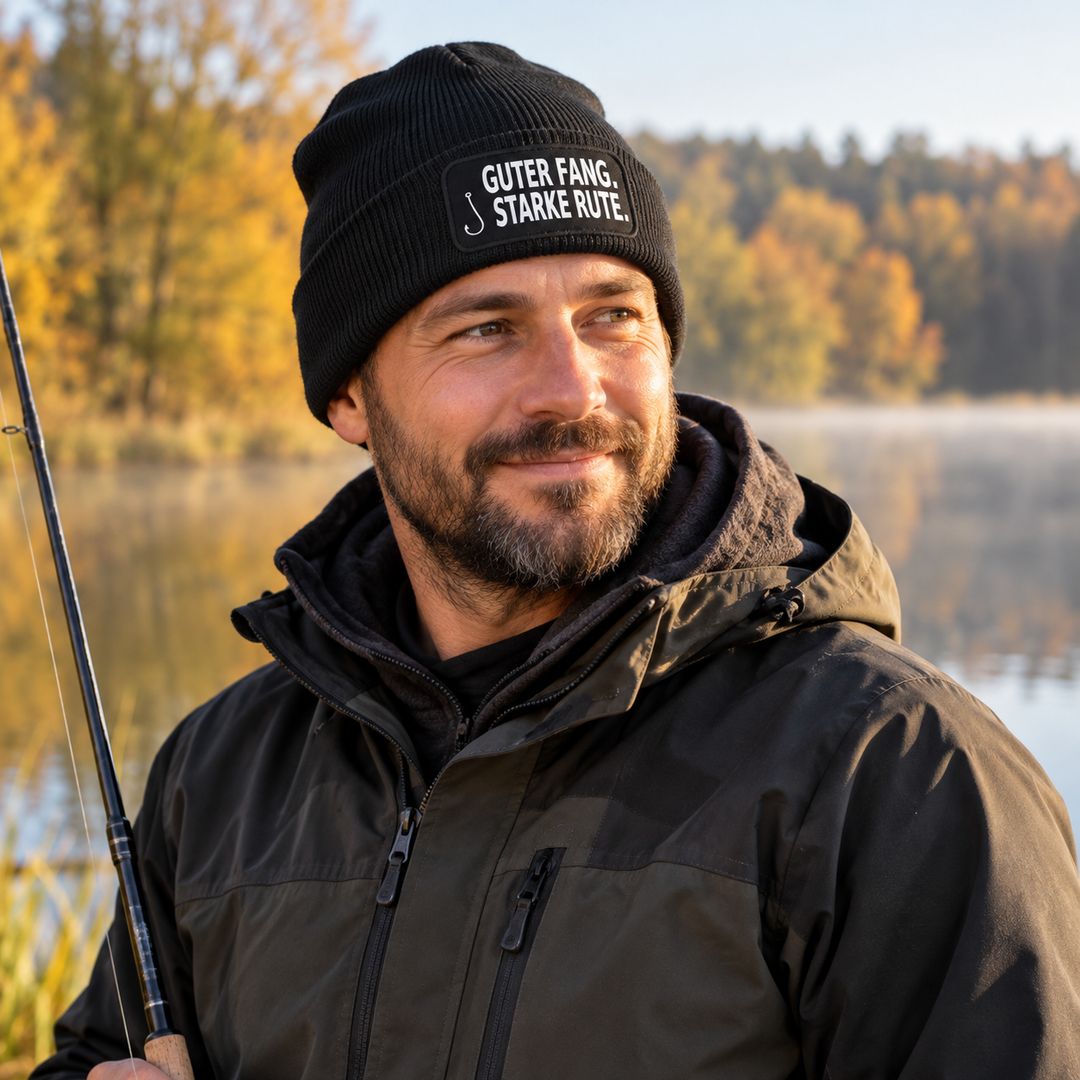 Angler mit schwarzer Mütze GUTER FANG. STARKE RUTE. am See