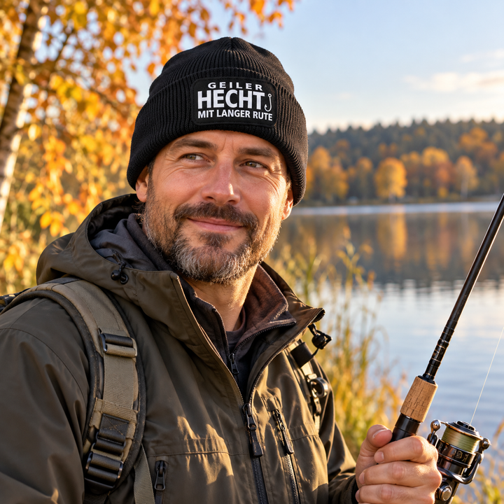 Angler mit schwarzer GEILER HECHT Mütze am See