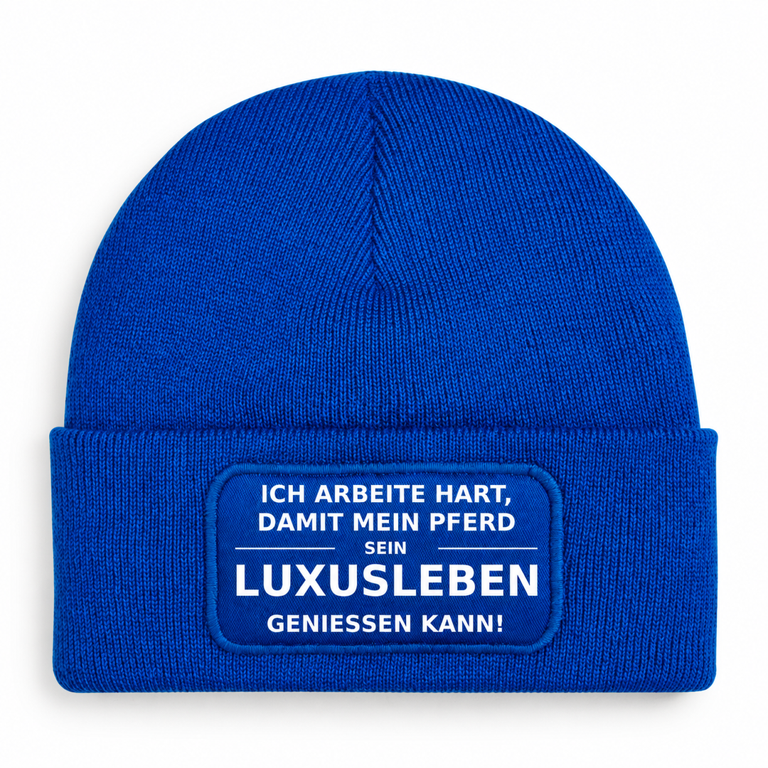 Mütze mit Pferde-Spruch „Ich arbeite hart“ – Blau