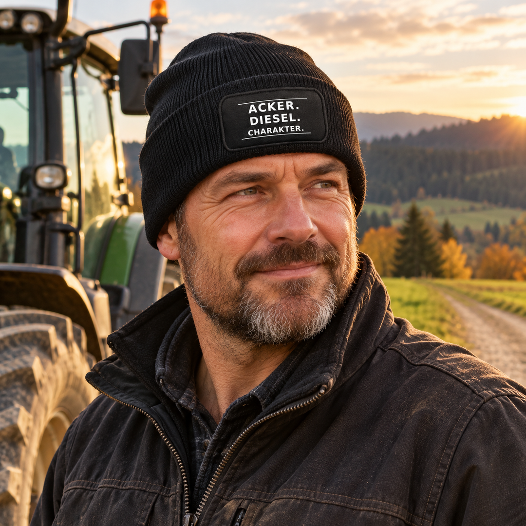 Landwirt trägt die Mütze ACKER. DIESEL. CHARAKTER.