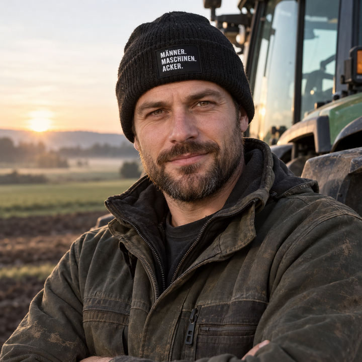 Mann mit schwarzer Mütze MÄNNER MASCHINEN ACKER neben einem Traktor