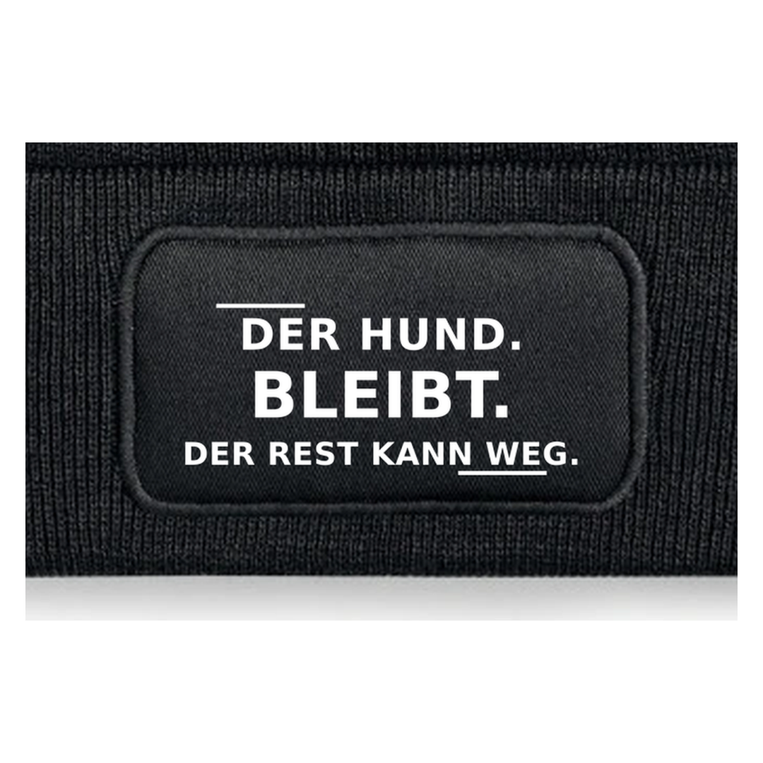 Detailansicht des Aufdrucks DER HUND BLEIBT. DER REST KANN WEG.