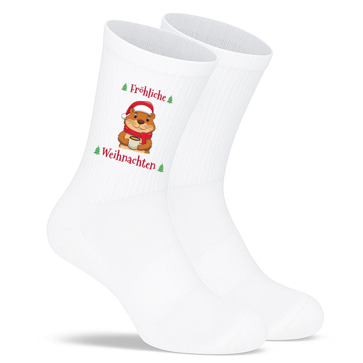 Socken „Fröhliche Weihnachten“ – Lustige Weihnachtssocken mit Biber-Motiv | Weihnachtsgeschenk aus Bio-Baumwolle | Made in Europe