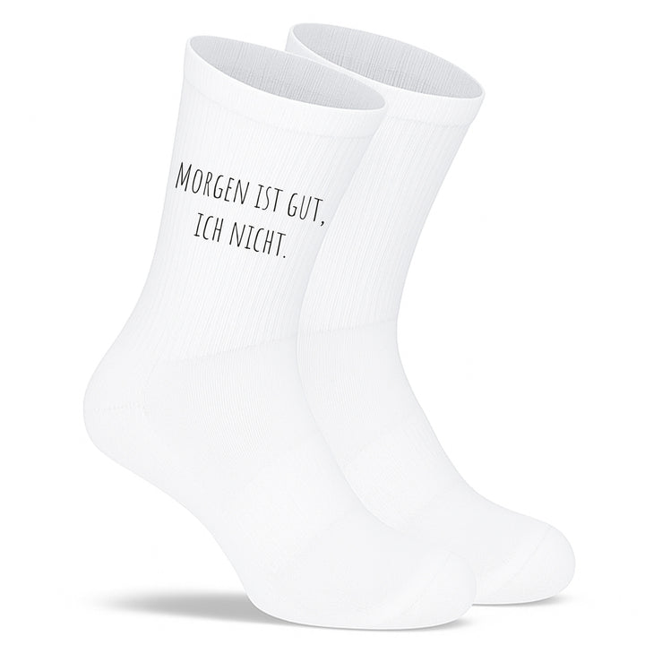 Socken „Morgen ist gut, ich nicht“ – Lustige Spruchsocken | Geschenk für Morgenmuffel | Fun & Lazy Socks aus Bio-Baumwolle