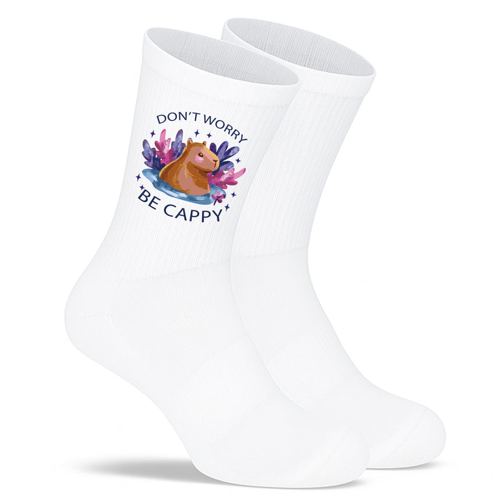 Socken „Don’t worry, be cappy“ – Lustige Capybara-Socken | Funny Animal Socks | Gute-Laune-Motiv aus Bio-Baumwolle