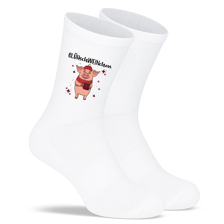 Socken „Glühschweinchen“ – Lustige Weihnachtssocken | Christmas Fun Socks mit Schweinchen-Motiv | Made in Europe