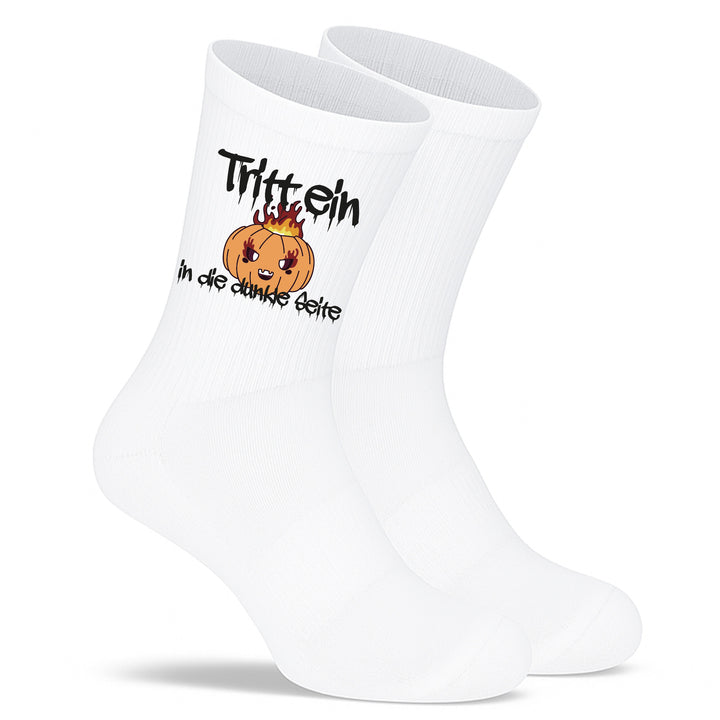 Socken „Tritt ein in die dunkle Seite“ – Lustige Spruchsocken | Halloween & Fun Socks aus Bio-Baumwolle | Made in Europe