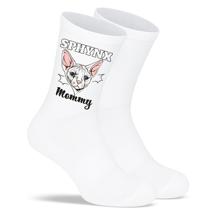 Socken „Sphynx Mommy“ – Lustige Katzen-Socken für Frauen | Geschenk für Sphynx-Liebhaberinnen | Tiermotiv aus Bio-Baumwolle | Made in Europe