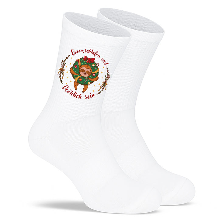 Socken „Essen. Schlafen. Und fröhlich sein.“ – Lustige Motivsocken | Positive Vibes & Gute Laune | Made in Europe