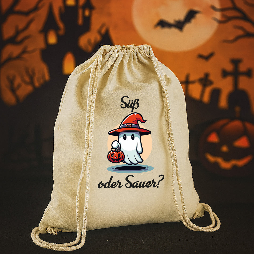 Kinder Halloween Tasche „Süß oder Sauer?“ – Stoffbeutel mit Kordeln aus Bio-Baumwolle