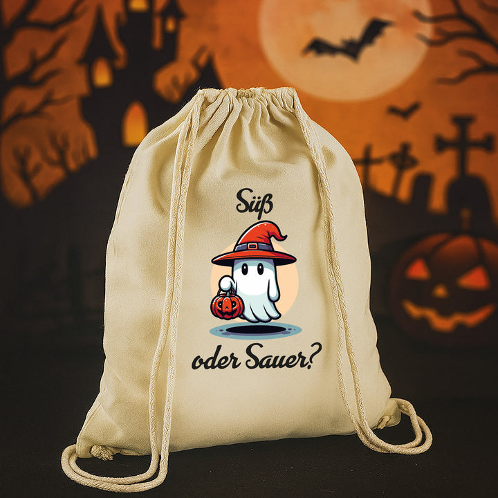 Kinder Halloween Tasche „Süß oder Sauer?“ – Stoffbeutel mit Kordeln aus Bio-Baumwolle