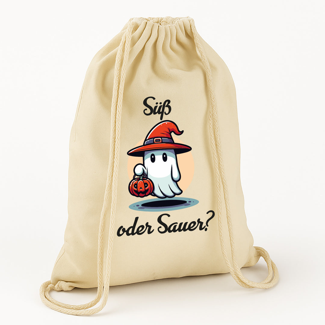 Kinder Halloween Tasche „Süß oder Sauer?“ – Stoffbeutel mit Kordeln aus Bio-Baumwolle