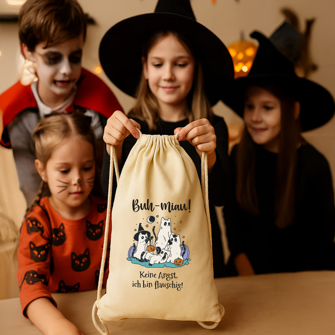 Kinder Halloween Tasche „Süß oder Sauer?“ – Stoffbeutel mit Kordeln aus Bio-Baumwolle